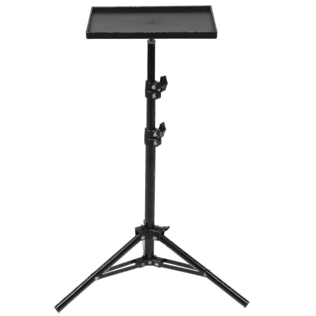 Projector Stand Laptop Stand Projector Tripod Adjustable Tabletop Floor Projector Stand-hhny. A black adjustable tripod stand with a flat tray on top, made of ABS and iron for durability and stability. The stand features a non-slip tray design, adjustable height, and a tripod base for strong support. Suitable for projectors, laptops, cameras, and other devices, it can be used in various settings such as home theaters, offices, and presentations. Dimensions: 120.00 x 37.00 x 37.00 cm (47.16 x 14.54 x 14.54 in).