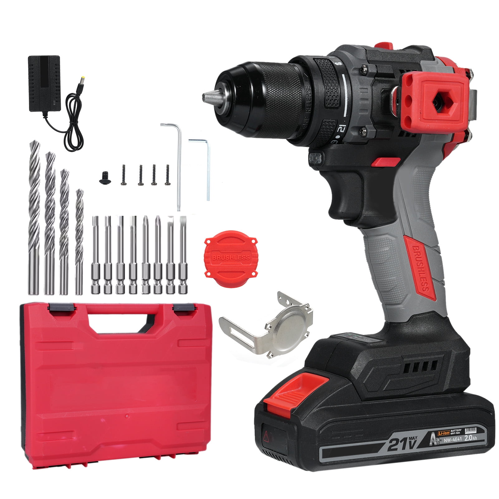 Mistaha 21V Cordless Brushless Hammer Drill Set with Impact Lithium Drill, 45N.M Torque, 2-Speed, LED Light, Ergonomic Design, Portable Case - US Plug, 2 Batteries, Charger, Accessories - Wood Metal