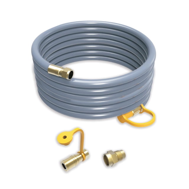 FIRMAN 25' Natural Gas Hose with Storage Strap featuring a coiled gray insulated hose with brass quick disconnect fittings and a yellow storage strap, plus two brass connectors for attaching to a generator, designed for electrical and power generator accessories.