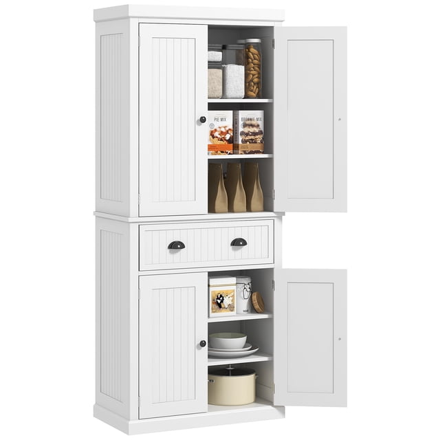 HOMCOM Armoire de Garde-Manger de Cuisine de 72 Pouces, Buffet Moderne de Rangement avec 4 Portes à Panneaux de Perles, Tiroir et Tablettes Ajustables, Blanc
