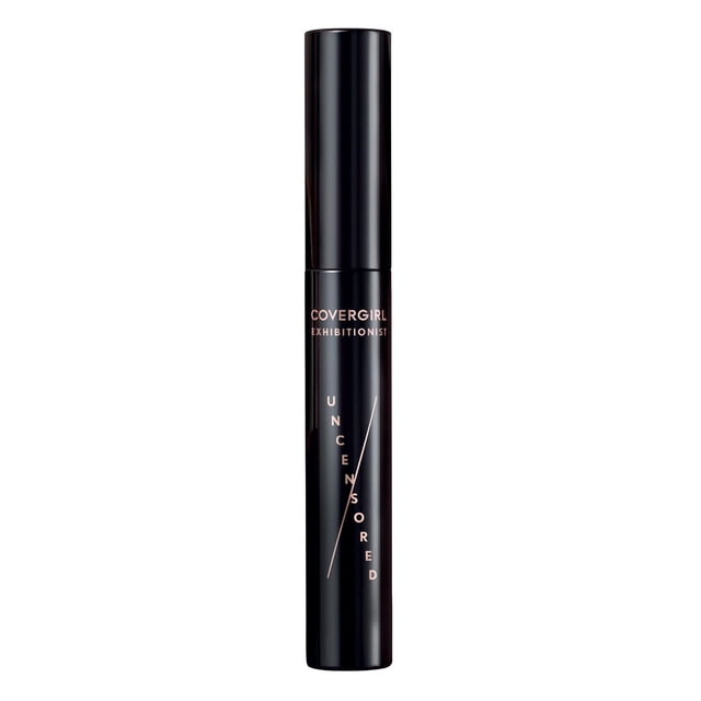 Exhibitionist Uncensored Mascara by COVERGIRL in a black cylindrical tube with rose gold lettering, designed to volumize, lengthen, lift, and separate lashes with a creamy, smudge-proof formula that lasts all day and grabs even the smallest lashes.