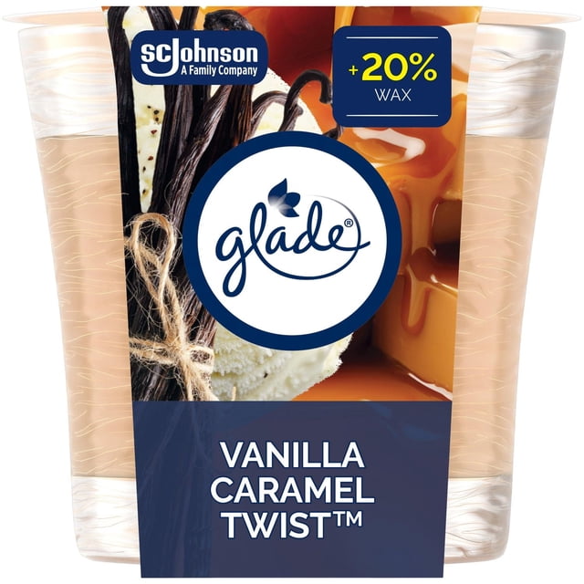 Glade® Bougie Parfumée Désodorisant d'Air, Vanille Caramel Torsadée dans un Pot en Verre Transparent Présentant une Étiquette avec des Gousses de Vanille Nouées et un Filet de Caramel, Mettant en Valeur +20 % de Cire et la Marque SC Johnson, Convient pour Rehausser l'Atmosphère de la Maison avec un Parfum Chaud de Vanille et de Caramel.