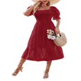 thumbnail image 3 of Women Shirred Ruffle Long Flounce Sleeve Mini A Line Dress Square Neck High Waist Short Dresses, 3 of 6