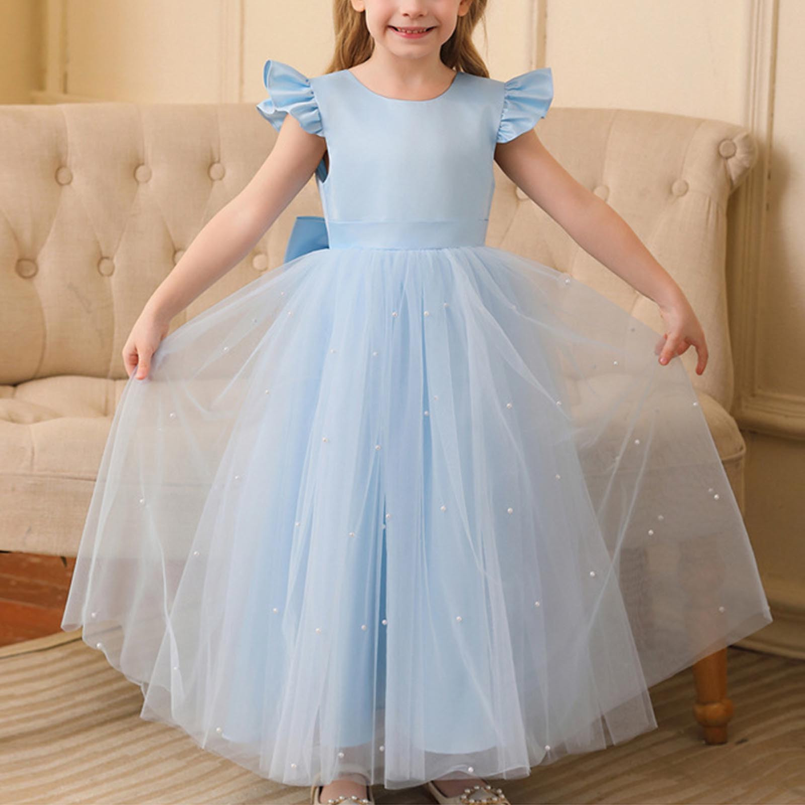 LOVZFMLL Girls' Summer Short Sleeve Ruffled Lace Round-Neck Embroidery Mesh Princess Bow Skirt