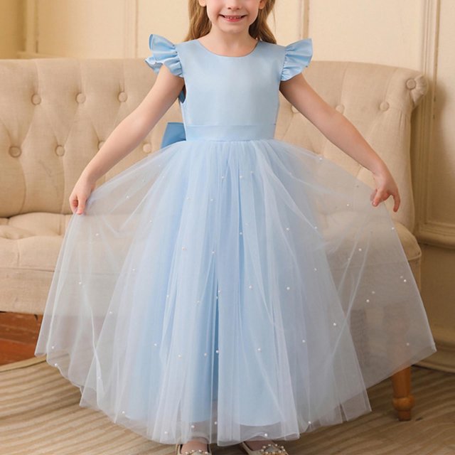 LOVZFMLL Girls' Summer Short Sleeve Ruffled Lace Round-Neck Embroidery Mesh Princess Bow Skirt