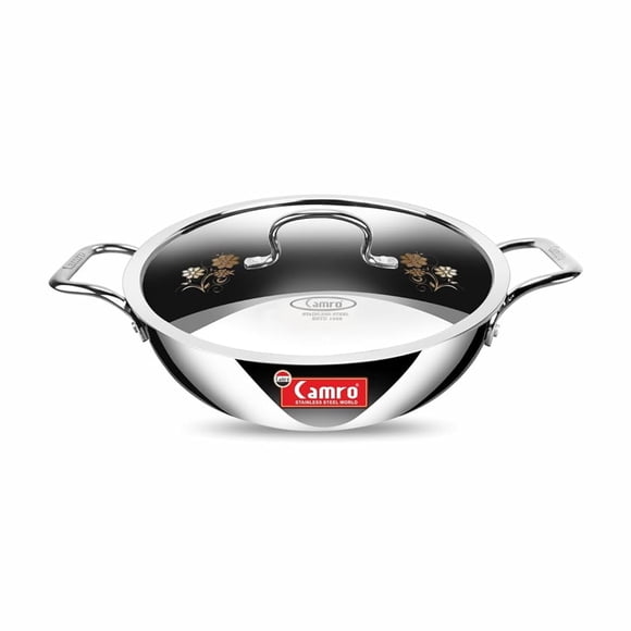 Triply Artisian Stainless Steel Kadhai With Lid - 1 Liter, Silver, 10 No. | Stainless Steel Kadai Wok With Handle - Dishwasher Safe, Induction Friendly & Gas Stove Compatible