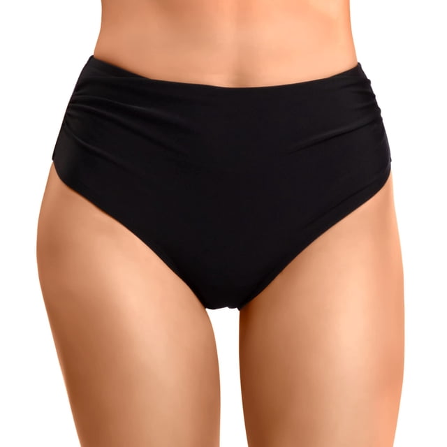 Women's high waisted bikini bottom in solid black, featuring full coverage and ruched detailing on the sides. Made from quick-drying polyester and spandex material, designed for comfort, tummy control, and versatile pairing with swim tops. Ideal for swimming, beach vacations, pool parties, and water sports.