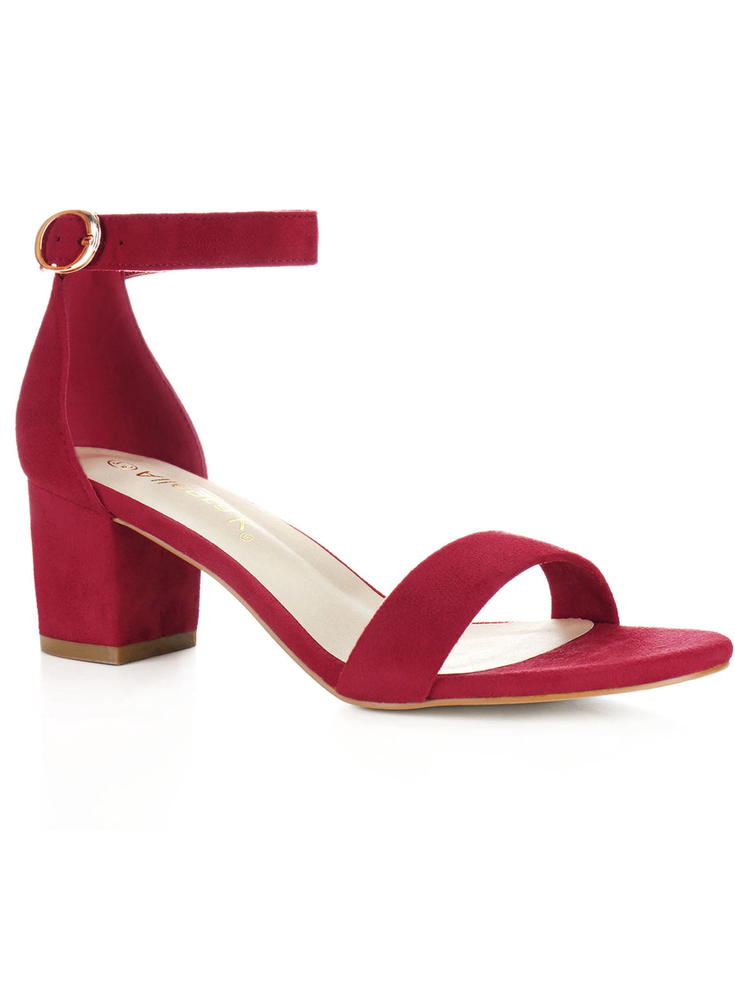 BLISSFUL STEP Women's Shoes Open Toe Mid Block Heel Ankle Strap Faux Suede Sandals Deep Red 9