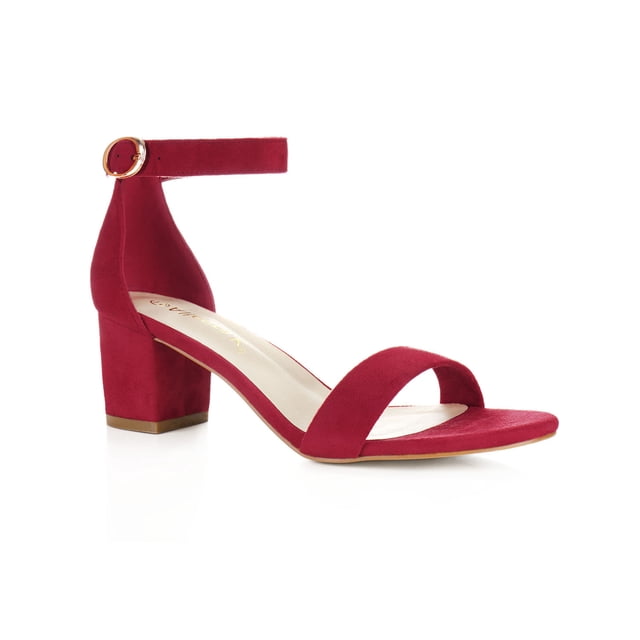BLISSFUL STEP Women's Shoes Open Toe Mid Block Heel Ankle Strap Faux Suede Sandals Deep Red 9