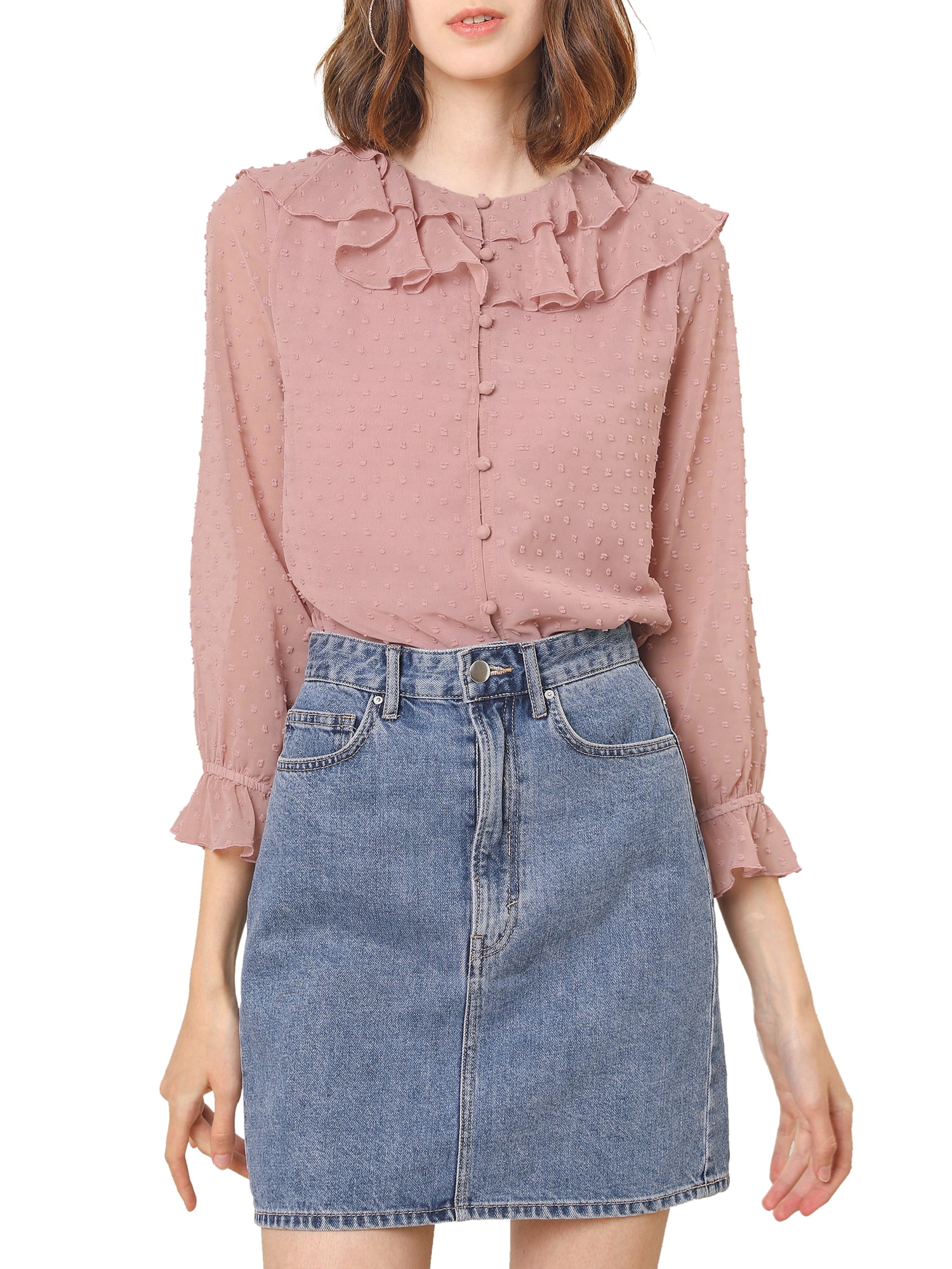 INSPIRE CHIC Blouse en Mousseline Transparente à Pois pour Femme à Col à Volants