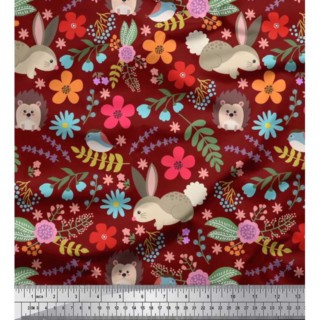 Soimoi Tissu Voile de Coton Floral, Tissu Imprimé Dessin Animé Rabbit & Porcupine 1 Yard 42 Pouces de Large