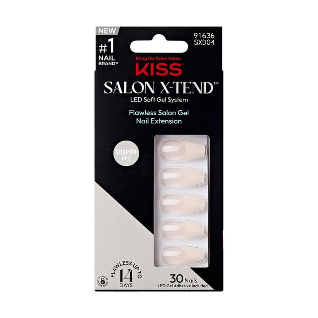 KISS Salon X-tend LED Soft Gel System, Trustfall, long coffin-shaped soft gel nail extensions in pale pink ombre, 30 count with LED gel adhesive included, providing bend resistance and a natural seamless look for up to 14 days.