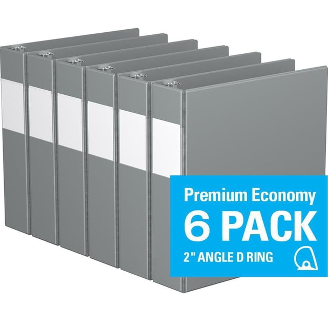 Davis Group Premium Economy D Ring Binder 6 Pack 2 inch with six grey binders featuring white label holders on the spine, 2 inch angle D rings, and clear interior pockets to secure documents, ideal for office supplies, conferences, and school use.