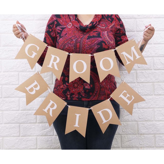 Inkdotpot Groom & Bride?Kraft Pre Strung Bunting Photo Booth Props Sign Party Decoration DIY Wedding Banner