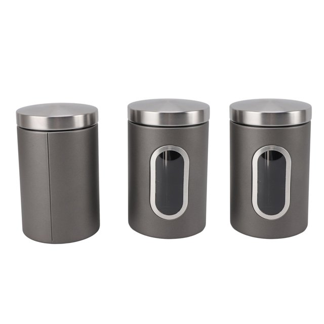Stainless steel airtight canisters coffee storage set, featuring three large-capacity food-grade containers with visible windows. Each canister measures approximately 11x17.5cm (4.3x6.9in) and is made of durable 304 stainless steel, designed to preserve the freshness of coffee beans. The set is multifunctional and suitable for kitchen organization, ideal for storing coffee beans or other dry goods.
