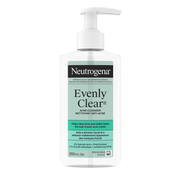 Neutrogena Evenly Clear Acne Cleanser with 2% Salicylic Acid & 2% PHA Exfoliant, Gentle Foaming Face Wash Clears Clogged Pores & Blackheads While Visibly Fading Look of Post-Acne Marks, 269 mL