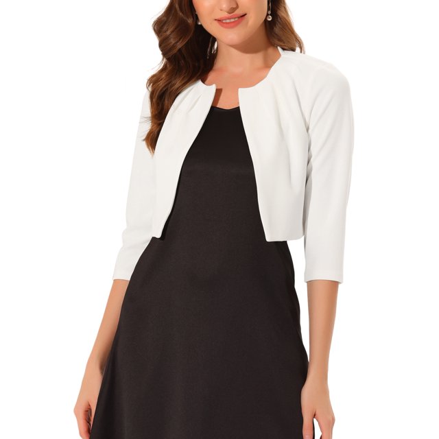 INSPIRE CHIC Boléro pour Femme à Manches 3/4 Sans Col, Plissé, Ouvert à l'Avant, Cardigan Court, G Blanc