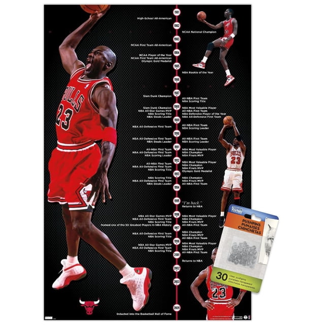 Michael Jordan - Affiche Murale de la Chronologie, 22,375 Pouces x 34 Pouces Encadrée Affichant une Chronologie Verticale des Réussites de la Carrière de basketball de Michael Jordan de 1981 à 2009. l'Affiche Présente Trois images de Jordan dans les Uniformes de Chicago Bulls Exécutant des Mouvements de basketball, Y Compris un dunk et un jump shot. la Chronologie Énumère des Jalons Clés Tels Que le Champion National NCAA, le Recrue NBA de l'Année,