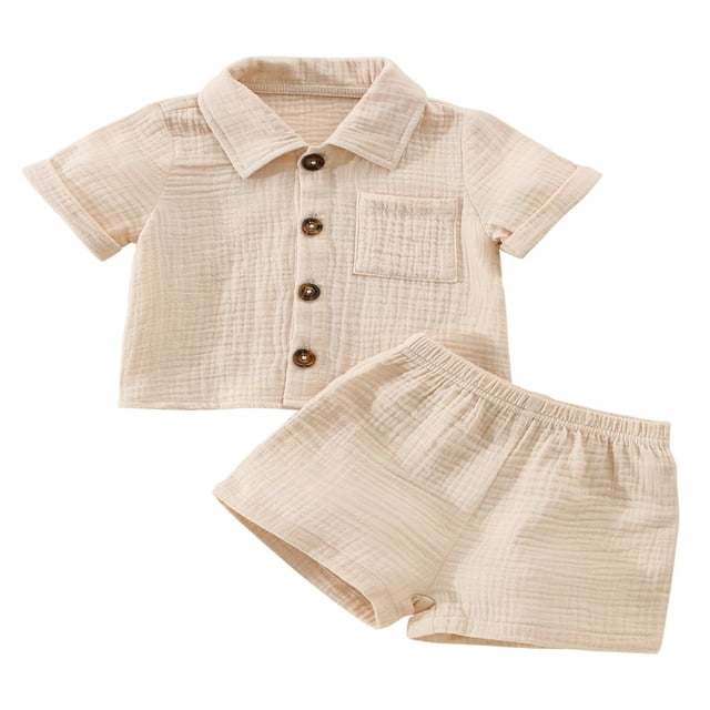 Baby Boy Cotton Linen Clothes Set Summer Casual Solid Color Short Sleeve Button Shirt With Pocket+Shorts Outfits