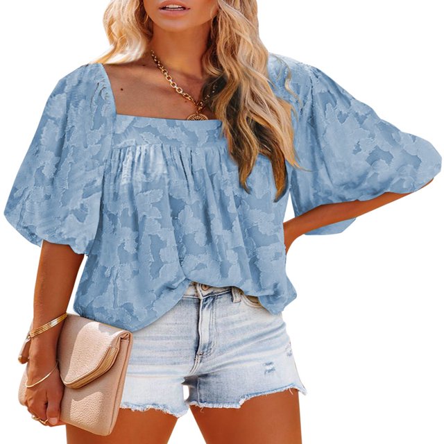 Womens Bell Sleeve Blouse Crewneck Lace Tops Floral Textured Babydoll Shirts