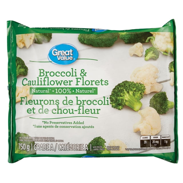 Great Value Frozen Broccoli and Cauliflower Florets 750 g bag containing Grade A frozen broccoli and cauliflower florets with no preservatives added, 100% natural, ready for quick microwave or stovetop cooking, suitable for adding nutritious frozen vegetables to meals.