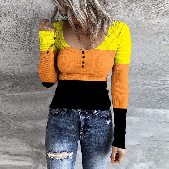 Birdeem Women Casual Long Sleeve Color Match Printing Button Round Neck T-Shirt Blouse Tops