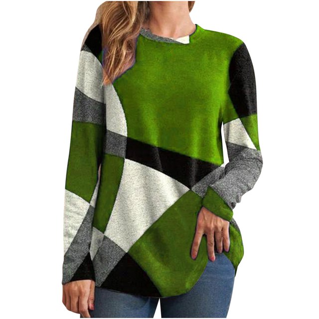 IROINID Liquidation Hauts pour Femmes Grande Taille Détente Col Rond Manches Longues Chemise Ample Imprimée Blouse Hauts, Vert