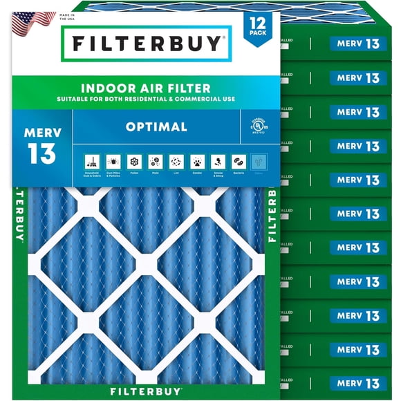 Filterbuy 16x22x2 MERV 13 (MPR 1900) Défense Santé, Filtres à Air Plissés pour CVCA/climatiseur de Four (Lot de 12)