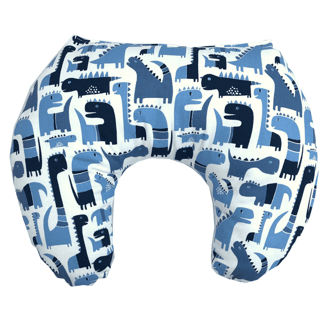 Ergonomic Dinosaur Pattern Nursing Pillow, a blue U-shaped baby feeding pillow with a playful dinosaur print and white backing. Approximate dimensions are 22 x 19 x 6 inches. Suitable for nursing, bottle feeding, and tummy time support.