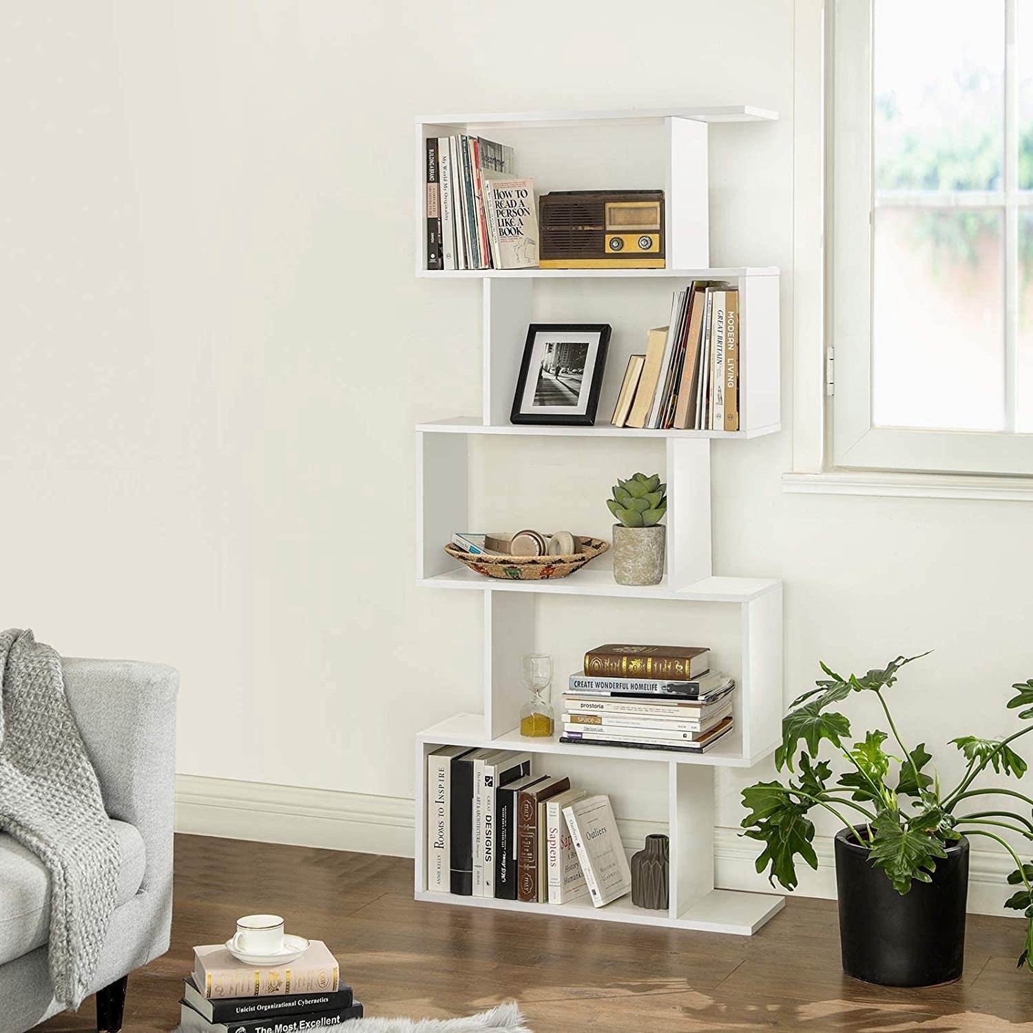 Wooden 5-Tier Bookcase Storage Shelf Display Shelf and Room Divider ...