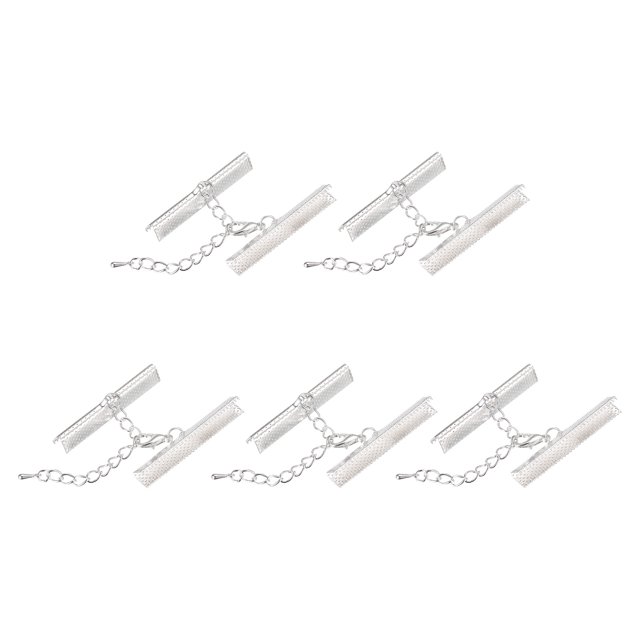 10Set Ribbon Crimp Clamp Ends Lobster Claw Clasps & Chain 40mm Silver White for DIY