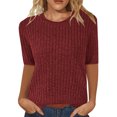 thumbnail image 1 of Penkiiy Mode Femme Couleur Unie Manches Mi-Longues Col Rond Chemises Décontractées Blouse Pull 3TG Rouge, 1 of 6
