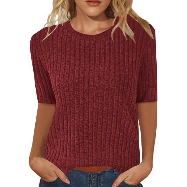 Penkiiy Mode Femme Couleur Unie Manches Mi-Longues Col Rond Chemises Décontractées Blouse Pull 3TG Rouge