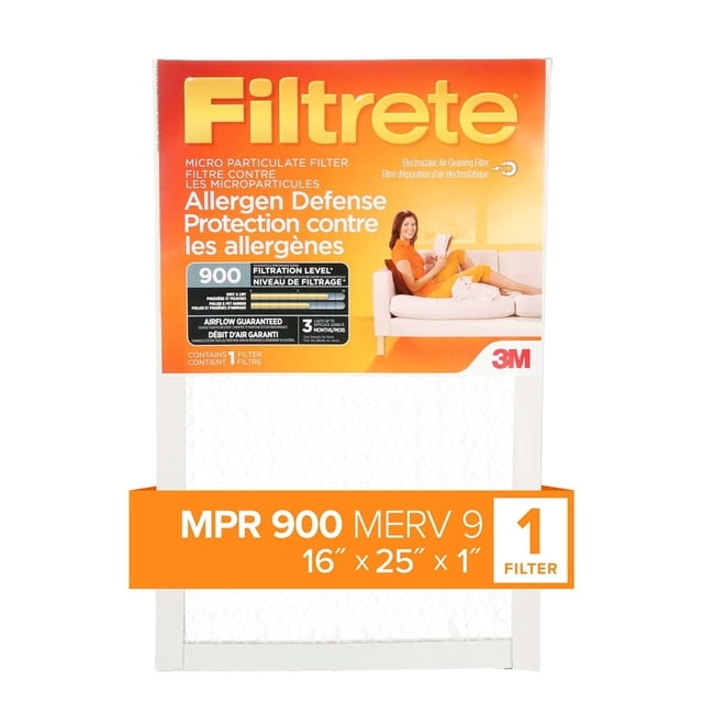 Filtrete™ Allergen Defense Micro Particulate Filter MPR 900 with MERV 9 rating, measuring 16 by 25 by 1 inch, designed for residential HVAC systems to reduce airborne allergens using electrostatic technology, shown in orange and white packaging with a person reading on a white sofa.