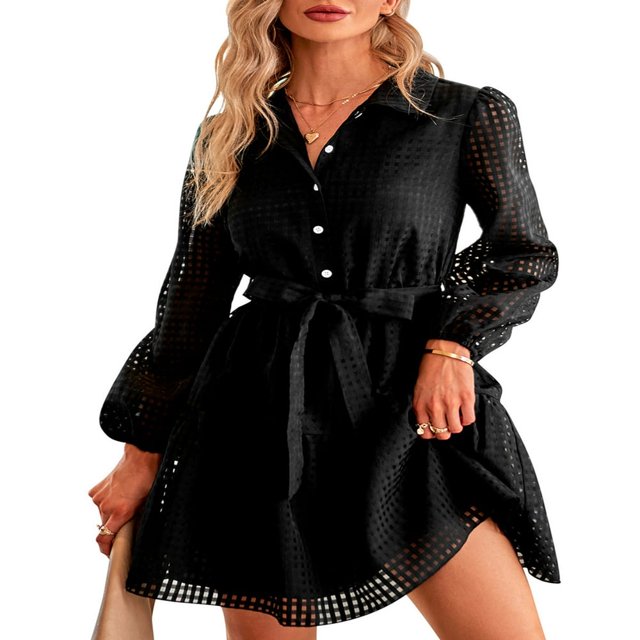 Printemps Automne Robe Décontractée Couleur Unie Bouton de Revers à Manches Longues une Ligne Robe avec Ceinture Noire M