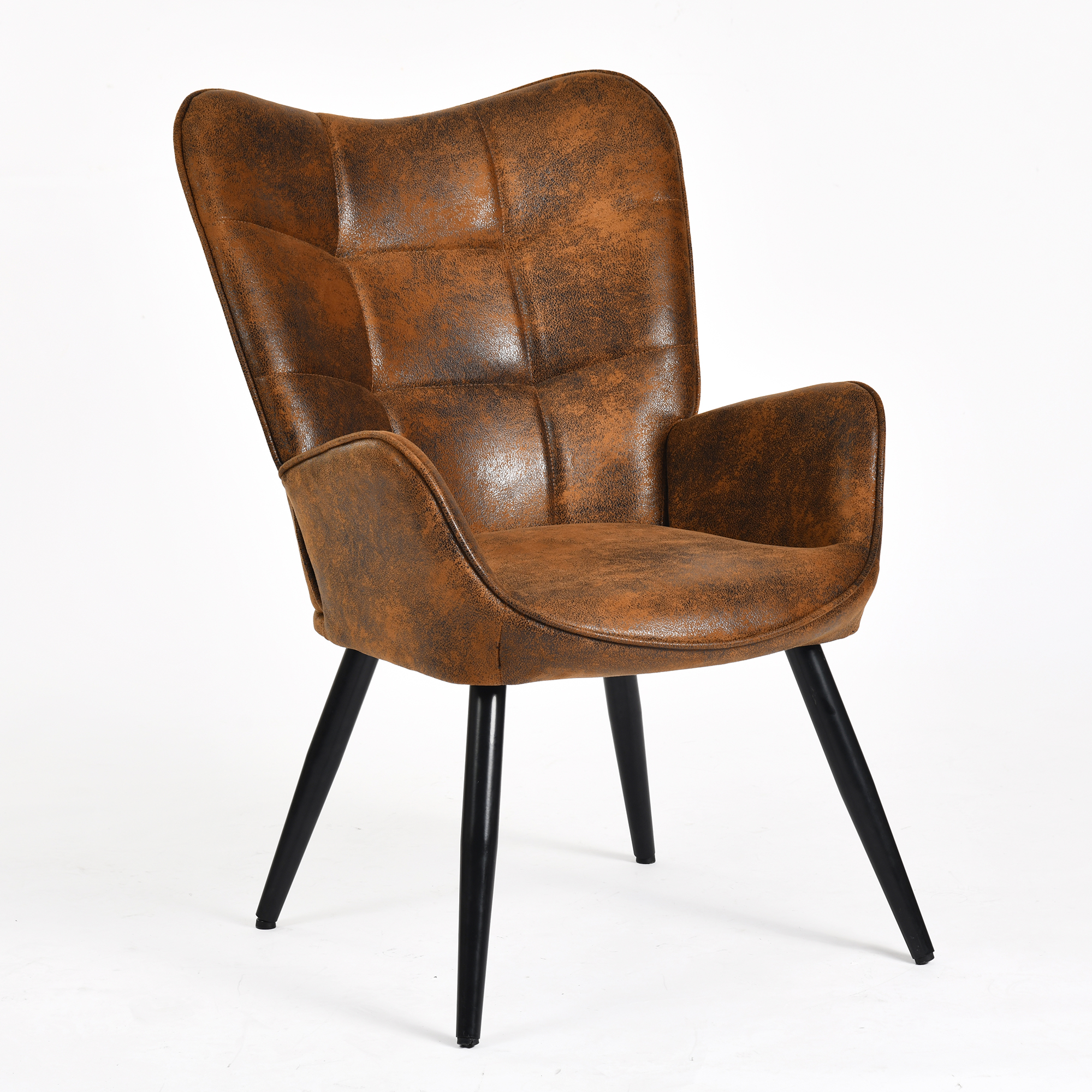 Homy Casa fauteuil d’appoint à dossier oreilles en similicuir brun, dossier capitonné et pieds en métal noir