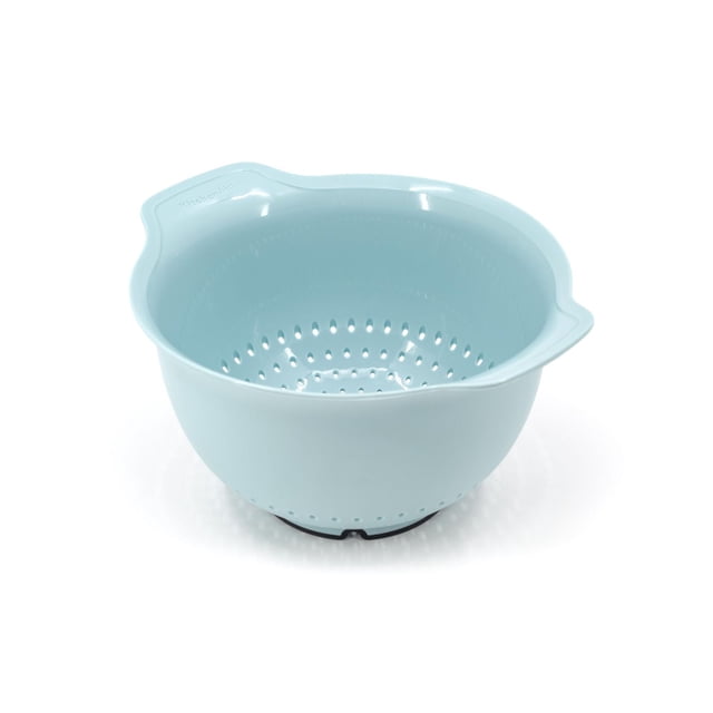 KitchenAid 5-Quart Colander in mineral water colour with a round perforated bowl, dual handles, and a non-slip base for stable draining of fruits, vegetables, and pasta, ideal for large batch food prep and dishwasher safe.