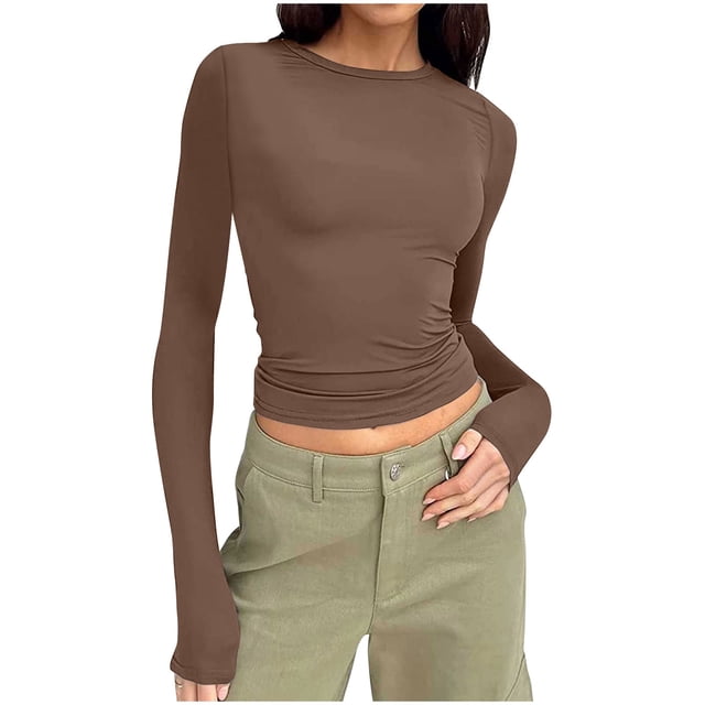 Blouses pour Femmes, Mode Féminine Décontractée Col Rond Couleur Unie T-Shirt à Manches Longues Chandail Hauts