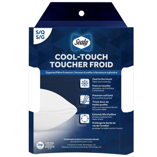 Sealy Cool Touch Pillow Protector packaging for standard queen size showing a zippered pillow protector with cool-to-the-touch technology and premium soft knit fabric. It protects pillows from wear and tear to extend their life, with bilingual English and French text.