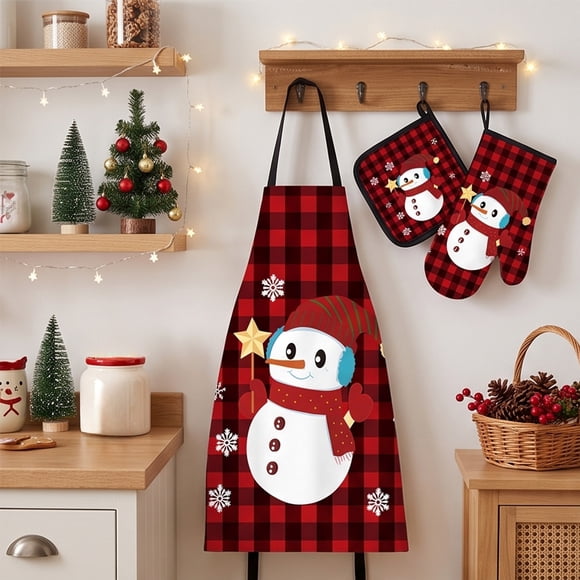 Fzsteel Christmas Kitchen Set 3 Pcs Apron Microwave Glove Oven Mitt for Cooking Baking Holiday Decor Gift for DIY Craft Project Display and Gift