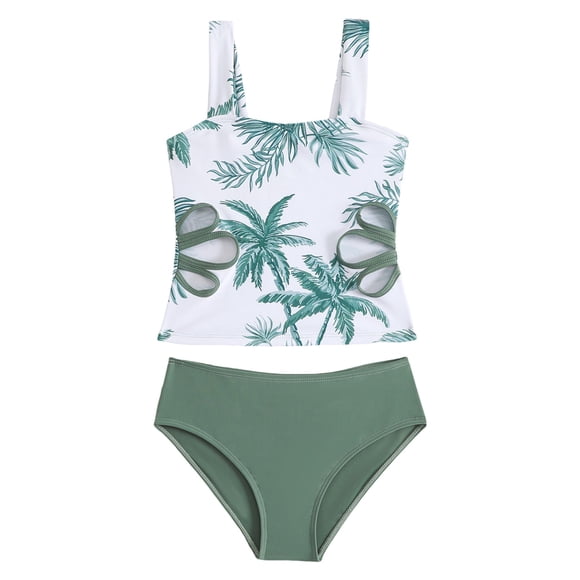 dmqupv Girl Tankini Set Girls Tankini Swimsuit Two Piece Bathing Suits For Girls Waist Cutout Tropical Print Swimwear AG,Size for 9-10 Years