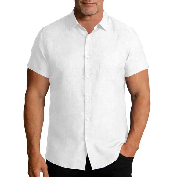 QIUOMBBP Mens Linen Shirts for Men Big and Tall Casual Breathable Summer Hawaiian Tops Short Sleeve Solid Button Down Tshirts White S