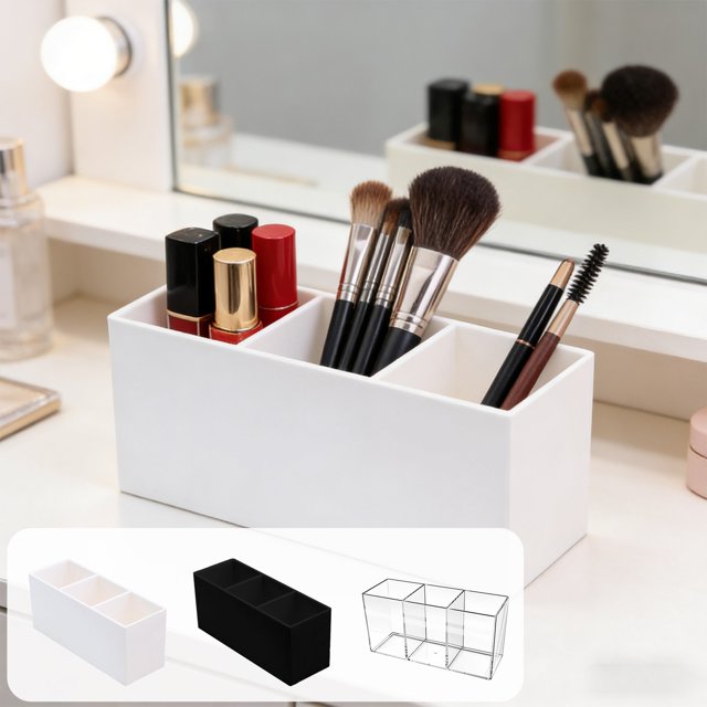 Vacemry 3Pcs Compartment Pen Holders Storage Box, Multi Functional Divided Desktop Organizer For Pens Cosmetics Stationery, Plastic Desktop Organizer For Home Office Study Desk Dressing Table Shelf