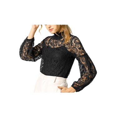 INSPIRE CHIC Blouse Élégante Semi-Transparente pour Femme à Volants, Col Montant, Manches Longues en Dentelle Florale