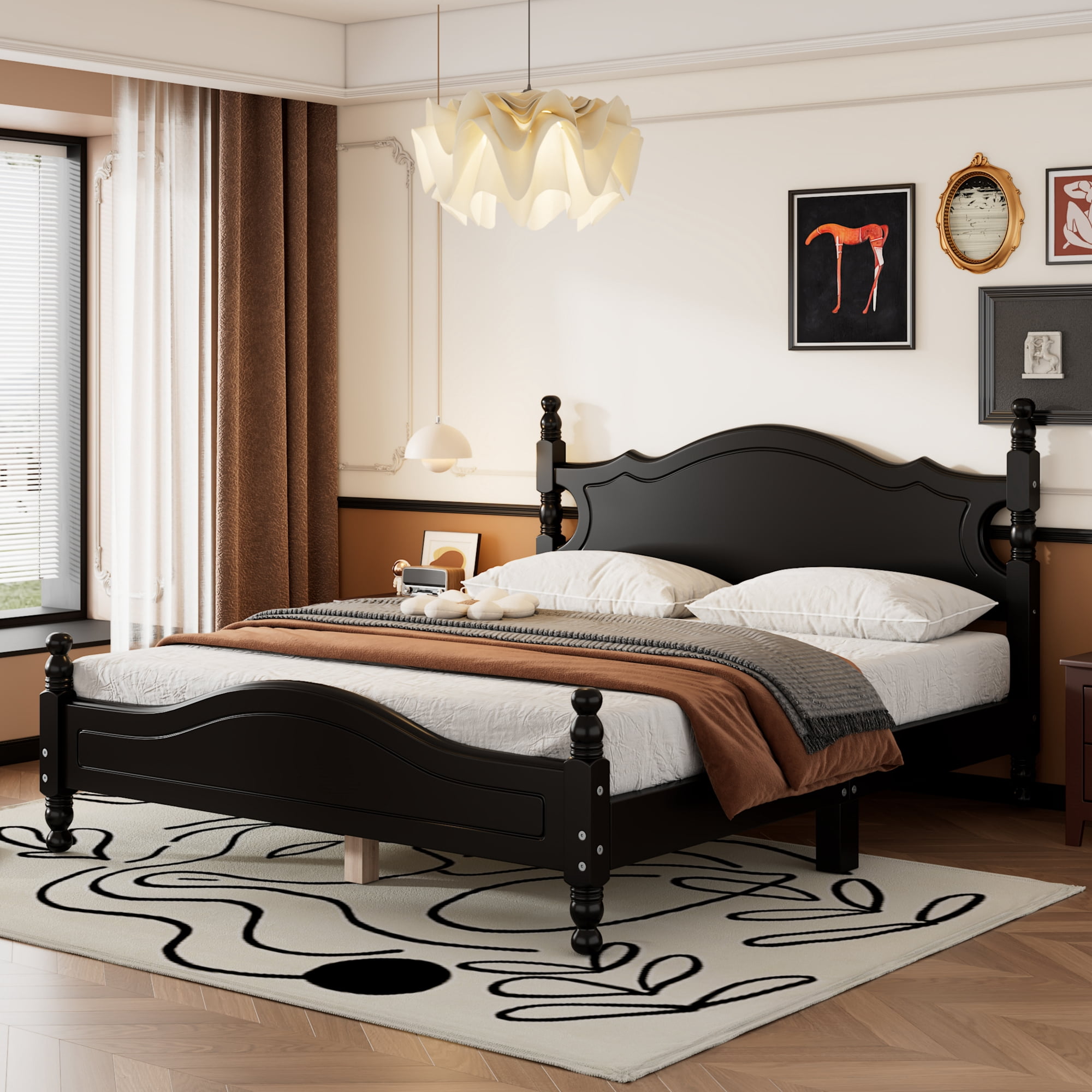 Homy Casa lit double 56,2 po avec lattes en bois, tête et pied de lit arqués pour chambre, chambre d’amis, appartement, noir