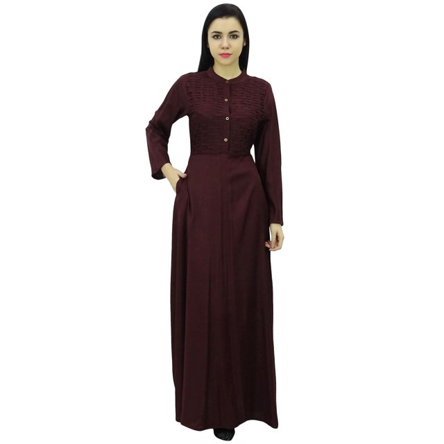 Bimba Robe Jilbab Unie à Manches Longues pour Femme, Col Mandarin, avec Poches