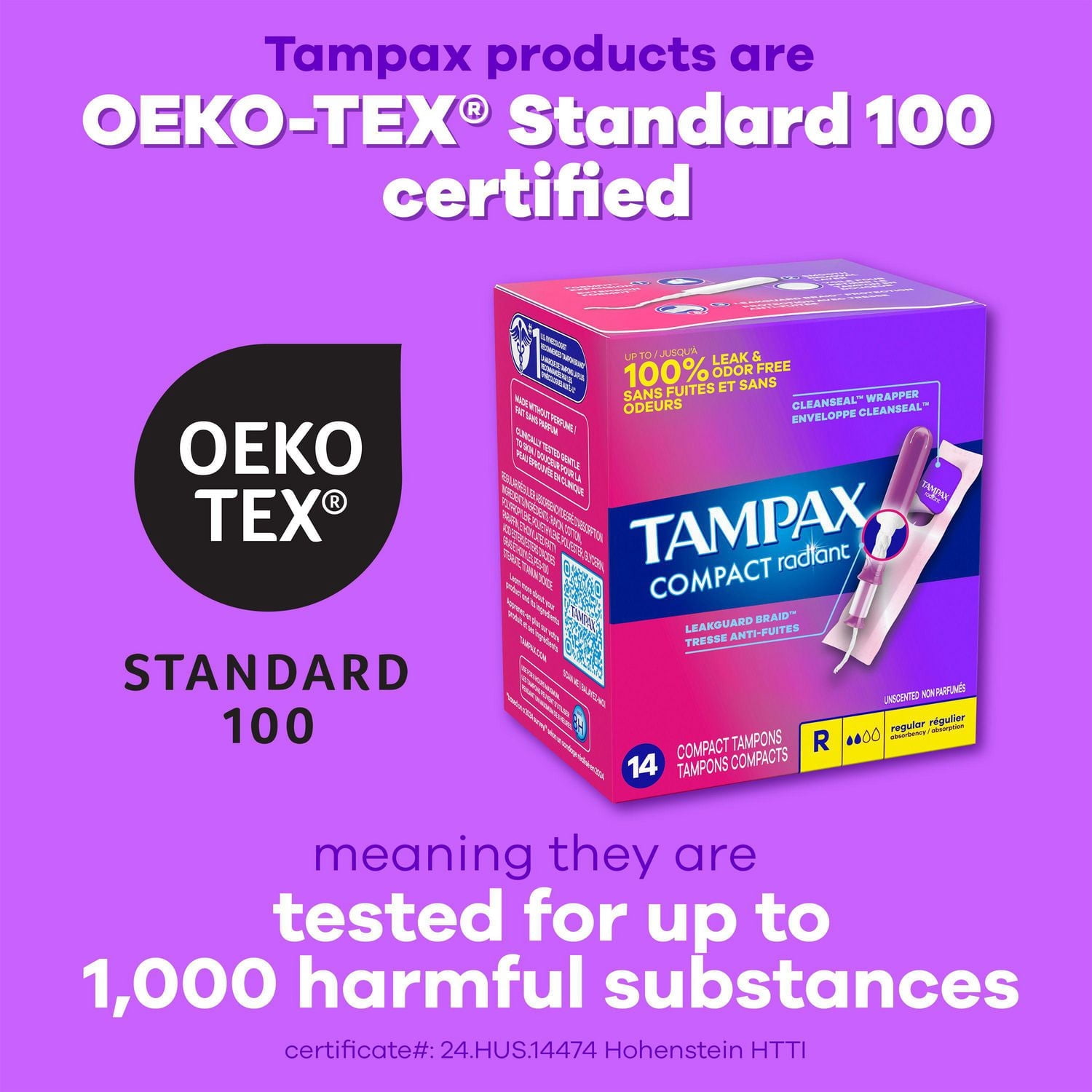 Tampax Compact Radiant Tampons, avec Tresse LeakGuard & Applicateur Extensible, Absorption Super, Non Parfumés