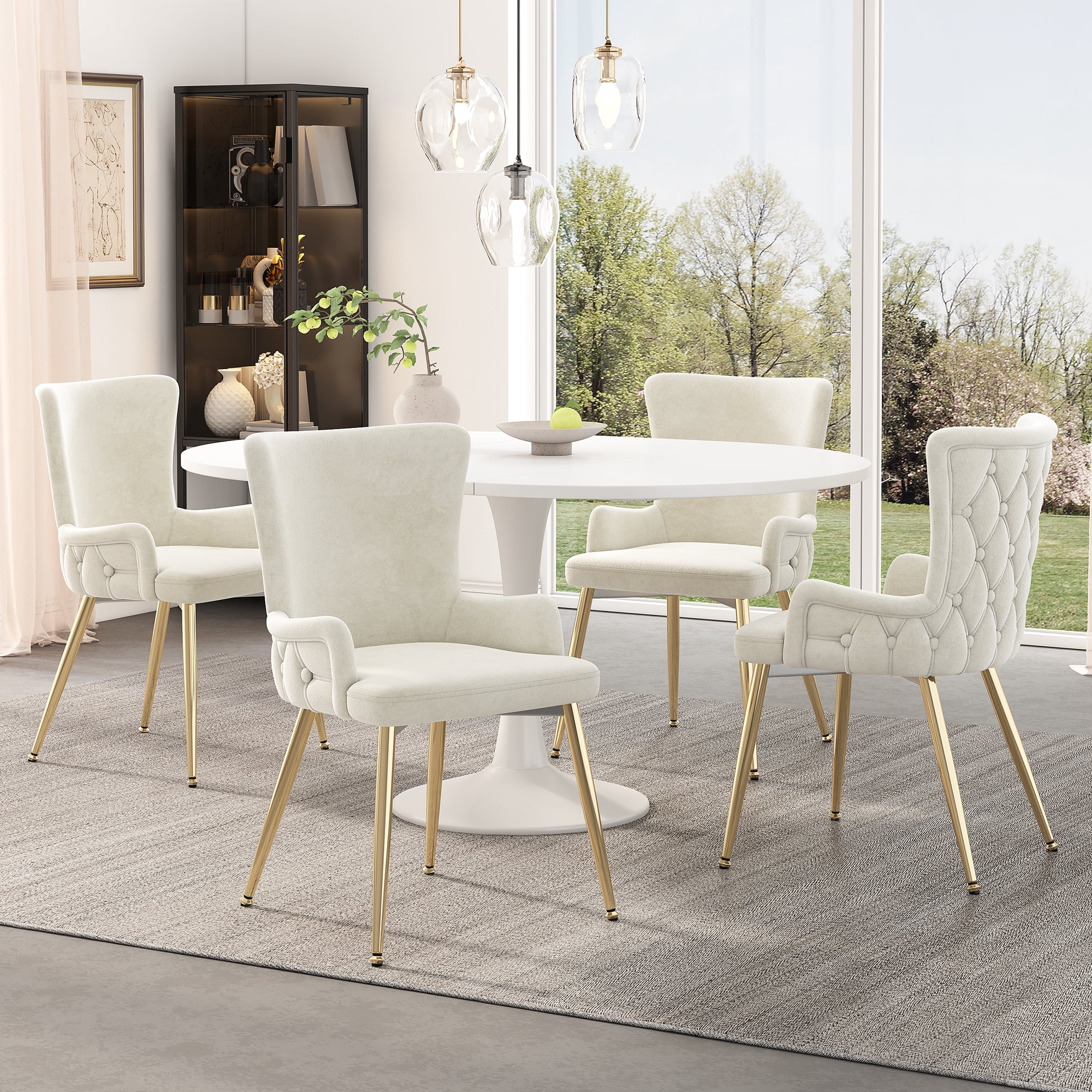 Noble House Ensemble de 4, Chaises de Salle à Manger en Velours, Chaise Capitonnée de Luxe Léger avec Quatre Pieds en Métal Doré, Beige