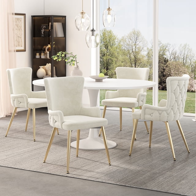 Noble House 5-Piece Dining Set, White Extendable Round Table for 4–6 with 4 Velvet Chairs, Gold Metal Legs, Beige