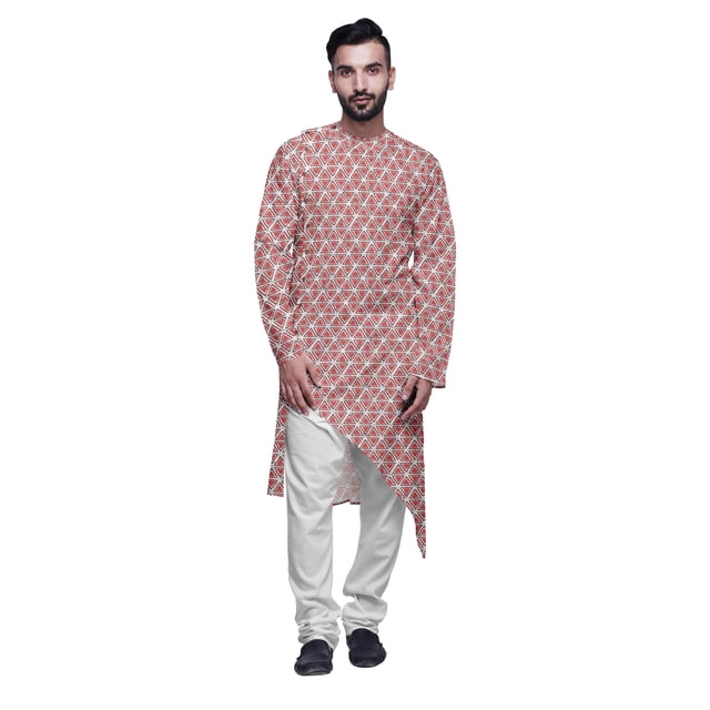 Atasi Indian Asymmetric Party Wear Kurta With White Churidar Pajama Set For Men